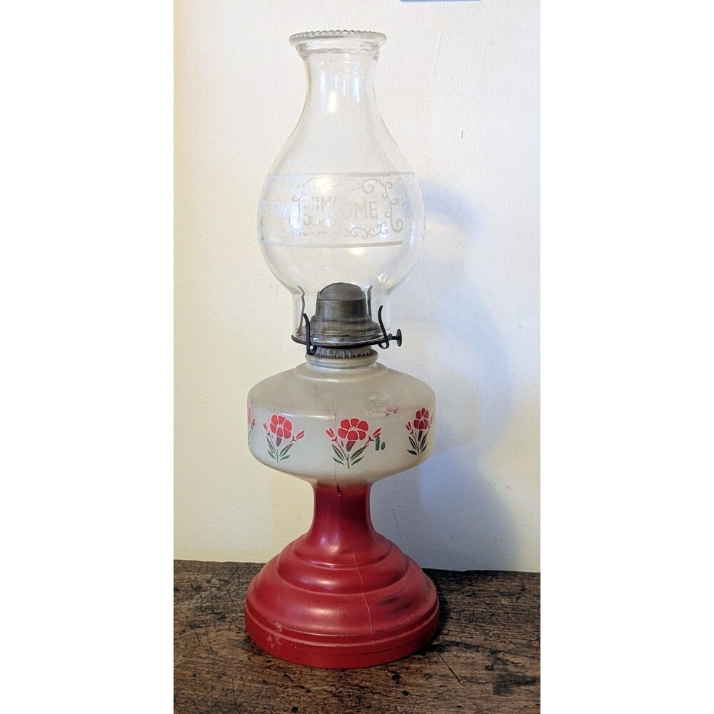 Vintage Red Frosted Glass Kerosene Oil Lamp Cold Painted Floral with Chimney 18"